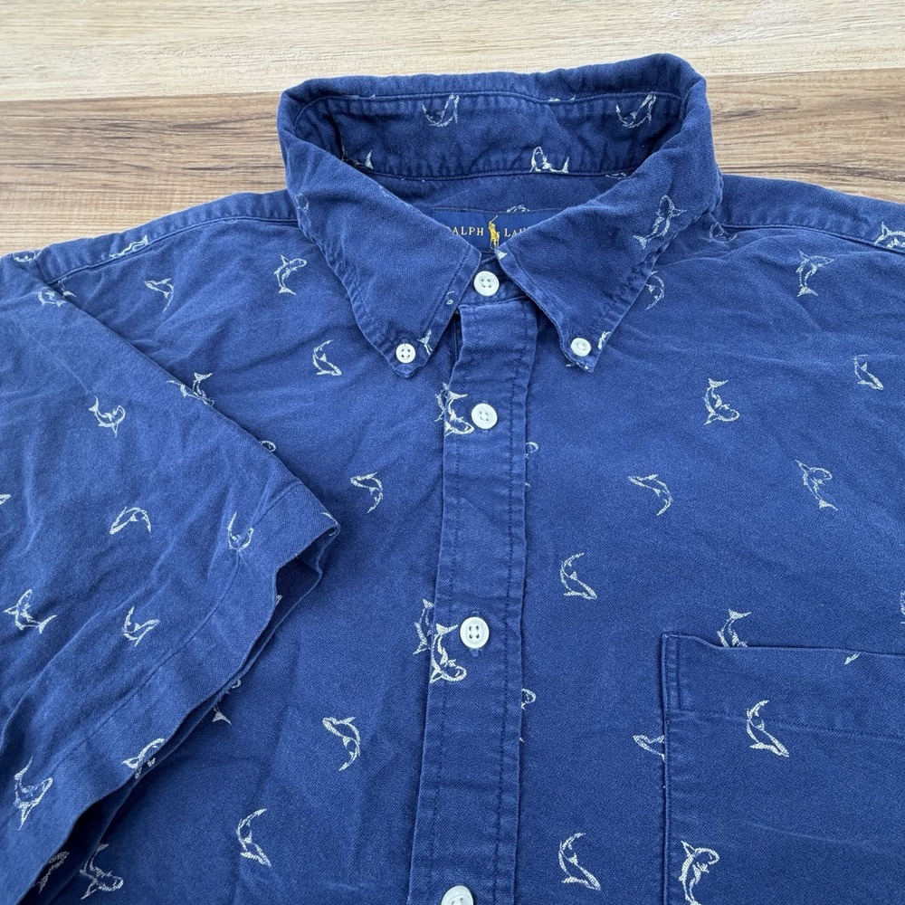 Ralph Lauren Shirt Mens Size XL Blue Shark AOP Half Button Short Sleeve Pullover